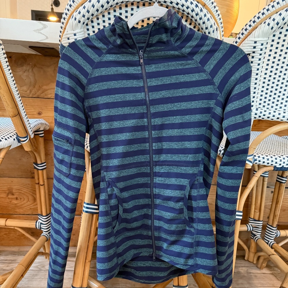 Carve‎ Designs Navy and Green Striped Hoodie XS